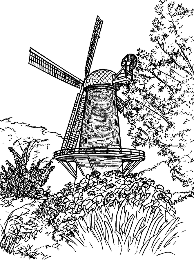 Coloring page made from the photo: windmill above a flower garden